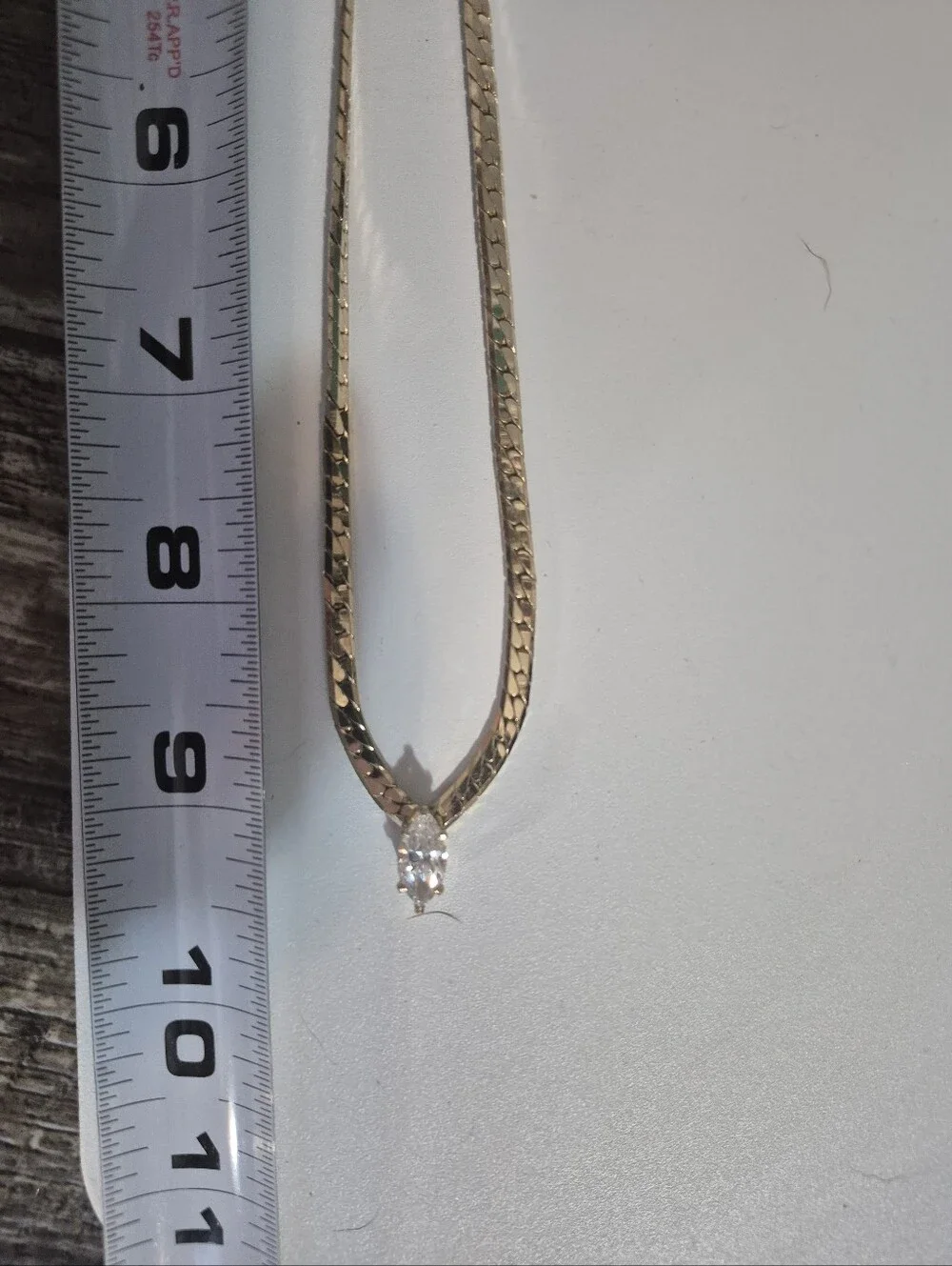 Vintage Herringbone Chain & White Marquise Cut Gem Necklace Gold